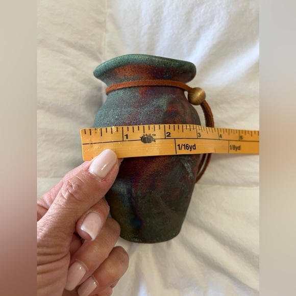 RAKU POTTERY VASE Handmade in Arizona 5" Tall | Leather Trim - Picture 8 of 9